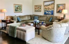 2-piece Sectional Sofa...Complete Comfort...in Lichen Color Velvet; Swivel Lounge Chairs; White Chenille Upholstered Trunk
