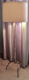 Silvered Patina Faux-Bois, Tree Branch Floor Lamp, Ivory Linen Drum Shade