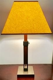 Bronzed metal & Wood Table Lamp, Tan Linen Shade