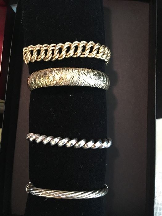 Genuine 14k gold "link chain" bracelet, 14k gold "diamond cut" bangle, silver "diamond cut" bracelet, silver "rope" bangle.