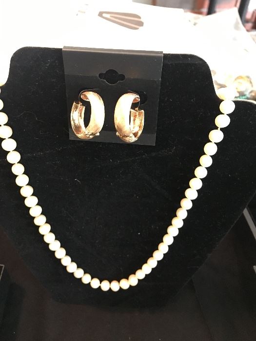 14k gold earrings, genuine pearl necklace 