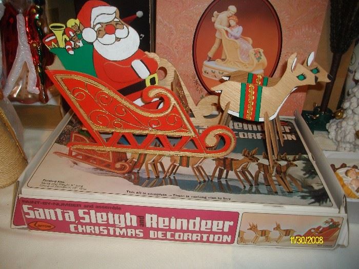 Vintage "paint-by-number" wood Santa/sleigh/reindeer with original box