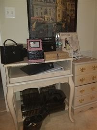 nice desk and file cab jewelry boxes and art