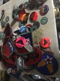 WW2 patches, ancient Chinese coins, early 1970's United Farm Workers button