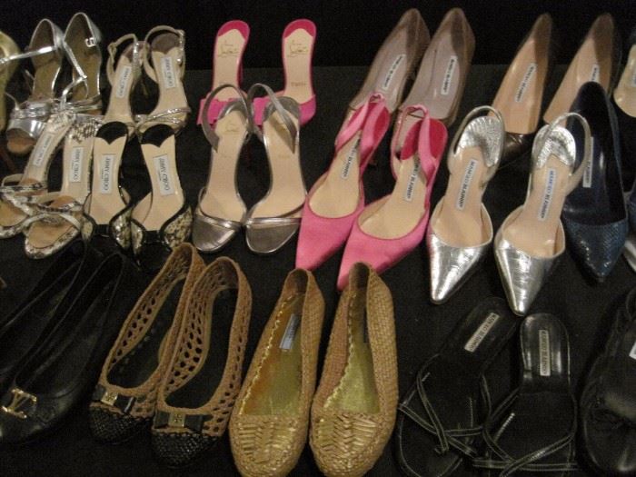 Manolo Blahnik, Jimmy Choo, Christian Louboutin, sizes 5-5 1/2. Some are new, never worn.