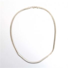 Sterling Silver Snake Chain Necklace: A sterling silver snake chain necklace.