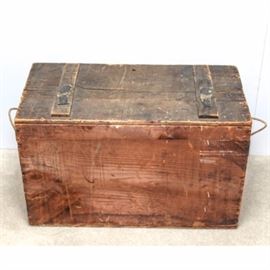 Antique Pine Crate with Lid: An antique pine crate. This piece is constructed from pine, and it features a lid attached with canvas straps as well as rope handles to the far sides. The text “LL Omelete” is stamped on the lid with “Federal Rubber Company Boy’s Short Boots Friction Liner” on the left side and “H.C. Werner Co. Columbus. Ohio.” on the right.