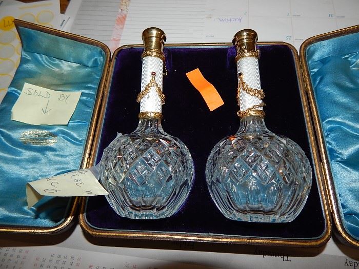 Faberge Crystal perfume bottles, bottle on right is signed