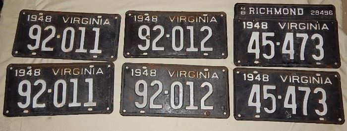 vintage Virginia automobile and motorcycle license plates, many sequential pairs