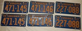 vintage Virginia automobile and motorcycle license plates, many sequential pairs