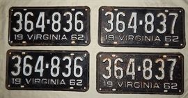 vintage Virginia automobile and motorcycle license plates, many sequential pairs