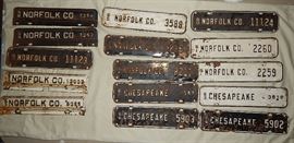 vintage Virginia automobile and motorcycle license plates, many sequential pairs