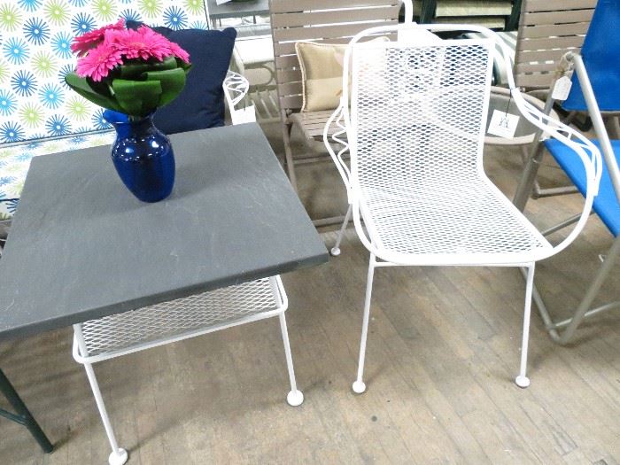 Salterini side arm chairs (2) with 2 matching side table with faux slate tops.  Restored in a powder coated finish in snow white.