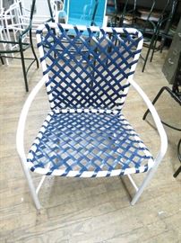 Vintage Brown Jordan side chairs (8 available) Restored in a white powder coated finish with new navy strapping.  Excellent condition.