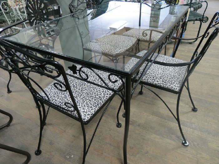 Vintage restored Salterini dining set includes rectangular glass top table and 4 chairs w/ new seat covers.