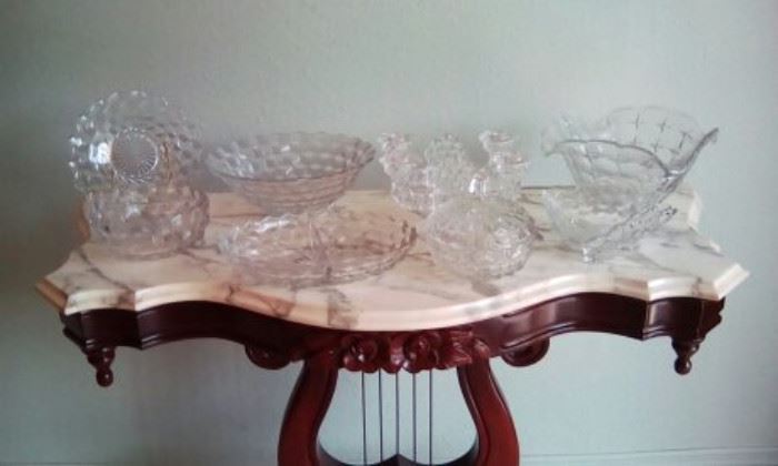 Victorian table, Fostoria glassware