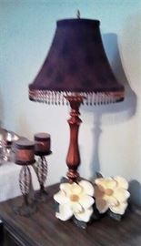 lamp, candlesticks, magnolia bookends