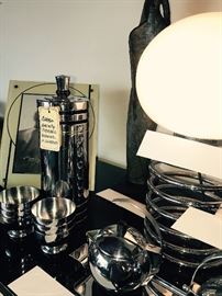 Vintage Ingo Maurer Chrome Spring Lamp ~ Art Deco Chase Gaiety Ringed Cocktail Shaker With Six Cups