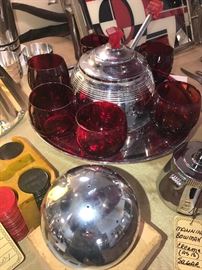 Atomic Saturn Ring Chrome And Ruby Punch Bowl Set ~ Chase Cocktail Hors d 'Oeuvres Ball