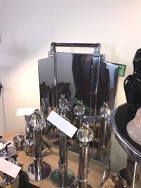 Machine Age Donald Deskey Chrome And Glass Andiron Set ~ Art Deco Chrome Fireplace Guard