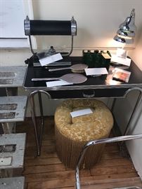 RARE Gilbert Rohde American Art Deco Chrome And Cat-O-Lite Console Table ~ Kittinger Ottoman ~ 1936 Markel Art Deco Chrome And Black Bankers Lamp