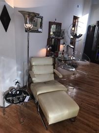 RARE 1930's Gilbert Rohde For Troy Sunshade Company Reclining Chair And Ottoman ~ Art Deco Torchiere Floor lamp With See Through Glass