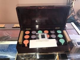 Art Deco Pastel Colored Bakelte Poker Chips In Individual Carriers With Case