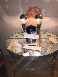 Stainless Steel And Mirror Half Circle Tables ~ Art Deco Chrome And Blue Mirror Table Lamp