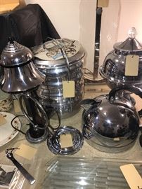 Art Deco And Vintage Chrome Serving Pieces And lamps