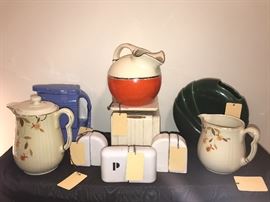Vintage 1940's White Porcelain Salt And Pepper Sets ~ Vintage Hall Jewel T Items ~ Vintage Fraunfelter Thermo-Proof Zanesville Ohio Orange, Silver And White Bands Ball Pitcher