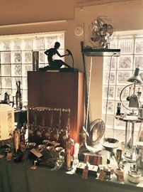 Mid Century Walnut Display Cubes ~ Art Deco Bronze Statue of Woman With Parrot By Chiparus