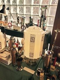 Amazing Matching Pair Of Art Deco Wedding Cake Floral Glass Shades With Original Metal Bases