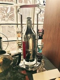 Art Deco Keystone Chrome Bottle Decanter With Chunky Red Bakelite And Six Multi Color Glasses