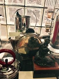 Seated Mercury Bronze On marble Base ~ Art Deco Silver Plate Teapot Christofle ? / Puiforcat ?