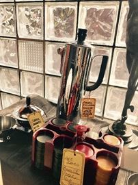 Art Deco Bakelite Poker Chip Carrier With Chips ~ Art Deco Chrome Cylinder Shaker With Black Bakelite Handle And Knob