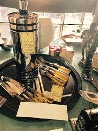 Chase Art Deco Gaiety Chrome And Black Bands Cocktail Shaker ~ Vintage Lucite Flatware ~ Four knives And Four Forks