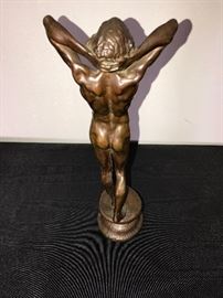 Stretching Bronze Man With Fig Leaf Sculpture