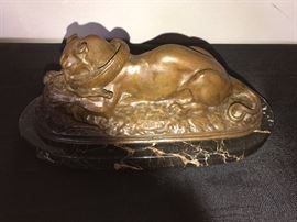 Art Deco BARYE Bronze Lion Fighting An Alligator Statue On Marble Base