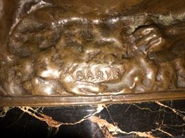 Art Deco BARYE Bronze Lion Fighting An Alligator Statue On Marble Base