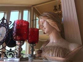 Mantle bust, candle holders, and clock
