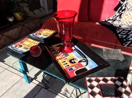 Chalk top sofa table, trays and red glass