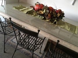 Solid marble table with eight metal chairs,  would easily seat 10,  one of a kind. Indoor or outdoor,  beautiful!  