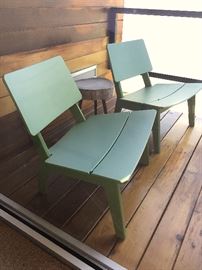 Loll Lago Green Outdoor Lounge Chairs (4). Tree Stump Tables (2).