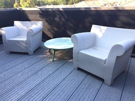 Kartell Bubble outdoor Club Deck Chairs, Satellite outdoor round Cocktail Table and Outdoor "floor lamp" .