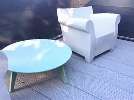 Kartell Bubble outdoor Club Deck Chairs, Satellite outdoor round Cocktail Table and Outdoor "floor lamp" .