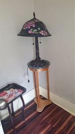 Leaded Glass Lamp & Tri Leg Table