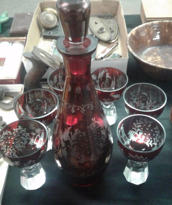 Ruby Red Cut to Clear Decanter Set 