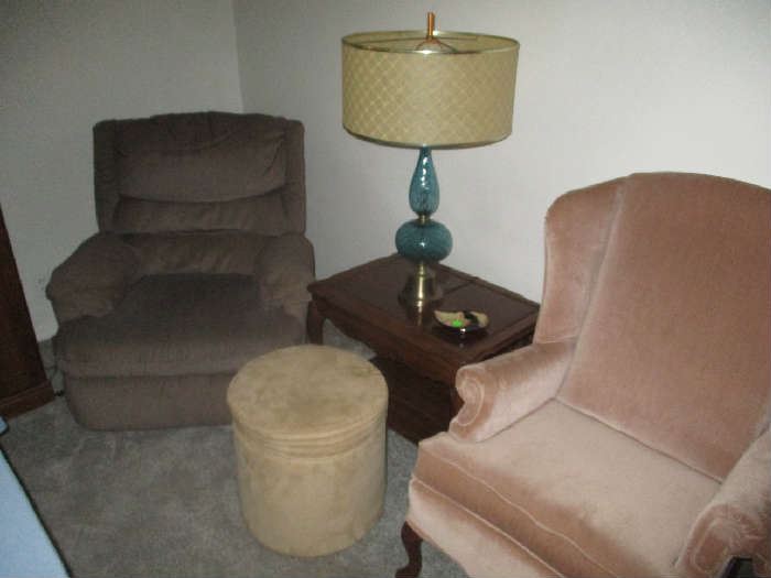 Recliner, end table and lamp