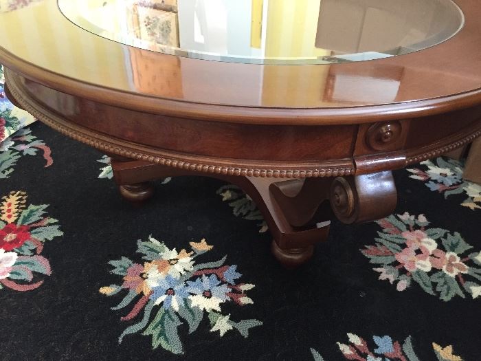 Round Cherrywood Table with Glass top - excellent condition! Black and Floral wool area rug (9 x 12)