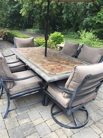patio table with 6 chairs, umbrella and stand 